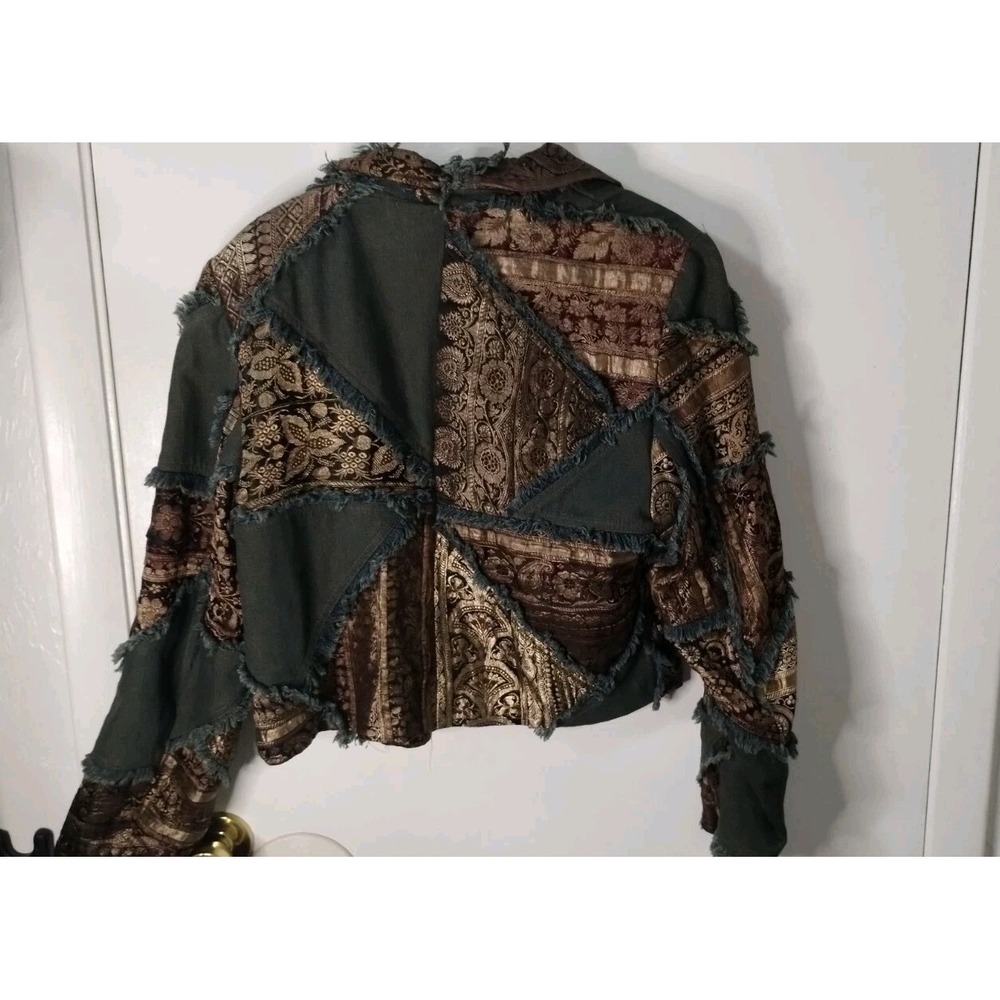 Vintage Town & Travel Denim Metallic Silk Blend Patchwork Jacket Women Sz Large - Picture 3 of 14